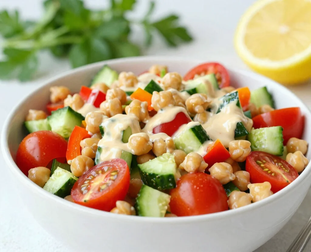 15 Gluten Free Vegetarian Recipes – Safe & Tasty - 7. Chickpea Salad with Lemon-Tahini Dressing 1
