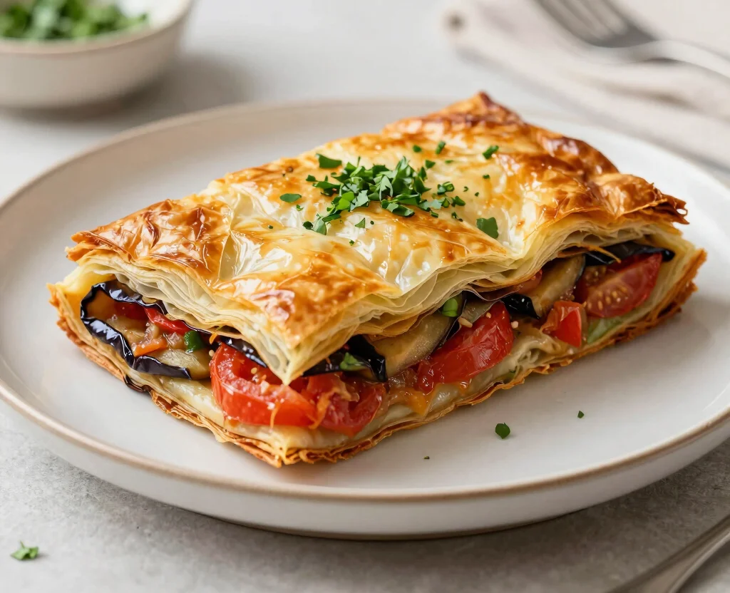 16 Filo Pastry Recipes Savoury Vegetarian – Flaky & Delicious - 15. Eggplant and Tomato Filo Bake 1