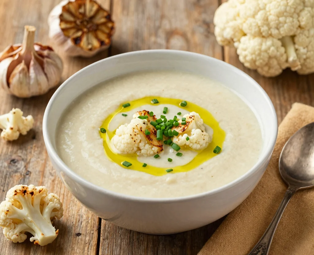 17 High Protein Vegetarian Soup Recipes – Filling & Nutritious - 8. Roasted Garlic and Cauliflower Soup 1