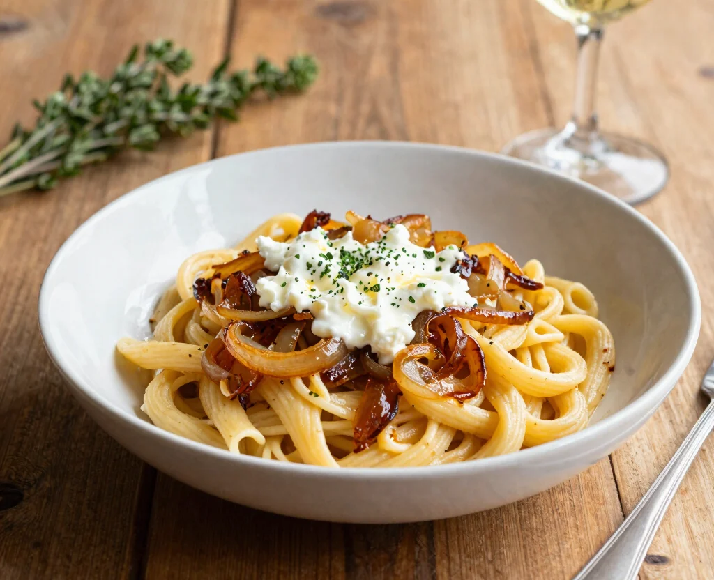 18 Easy Pasta Recipes Vegetarian – Comfort in a Bowl - 17. Caramelized Onion and Goat Cheese Pasta 1