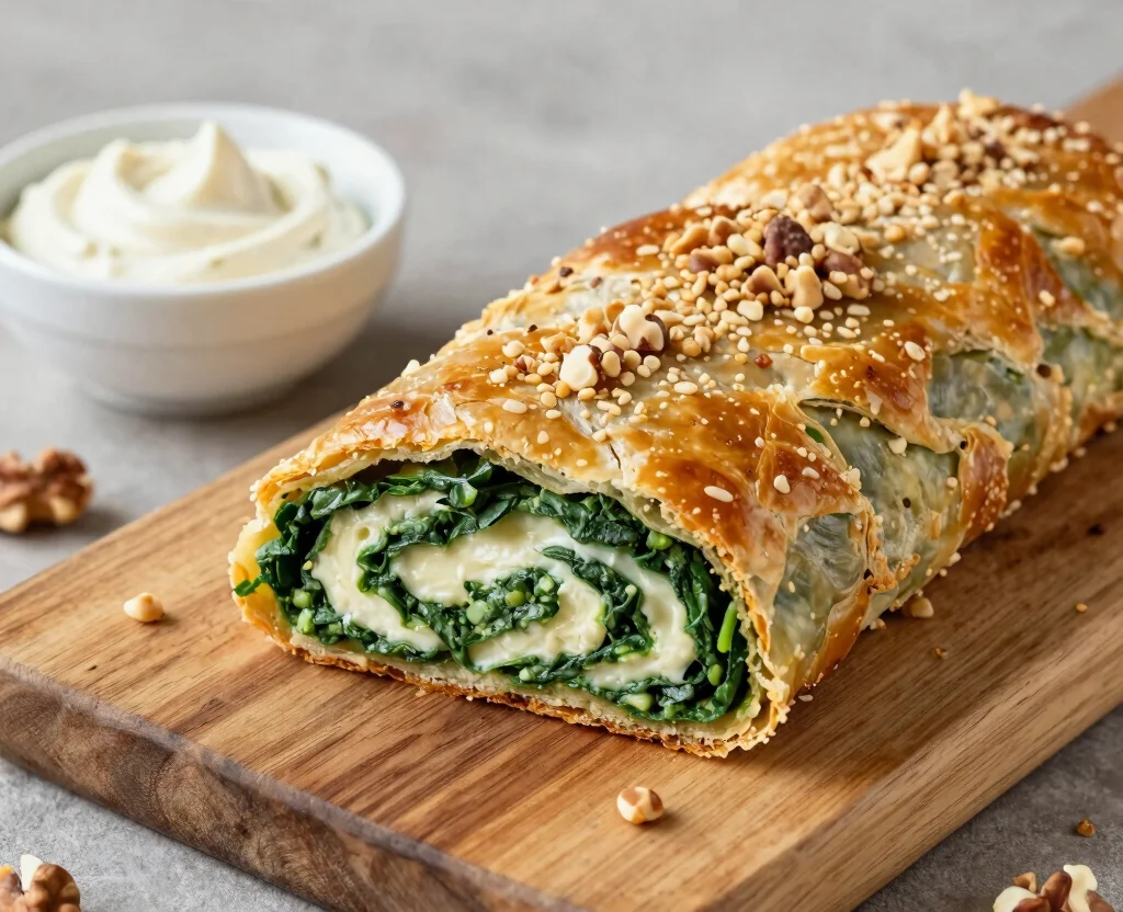18 Puff Pastry Recipes Savory Vegetarian – Flaky & Flavorful - 10. Nutty Spinach and Cheese Strudel 1