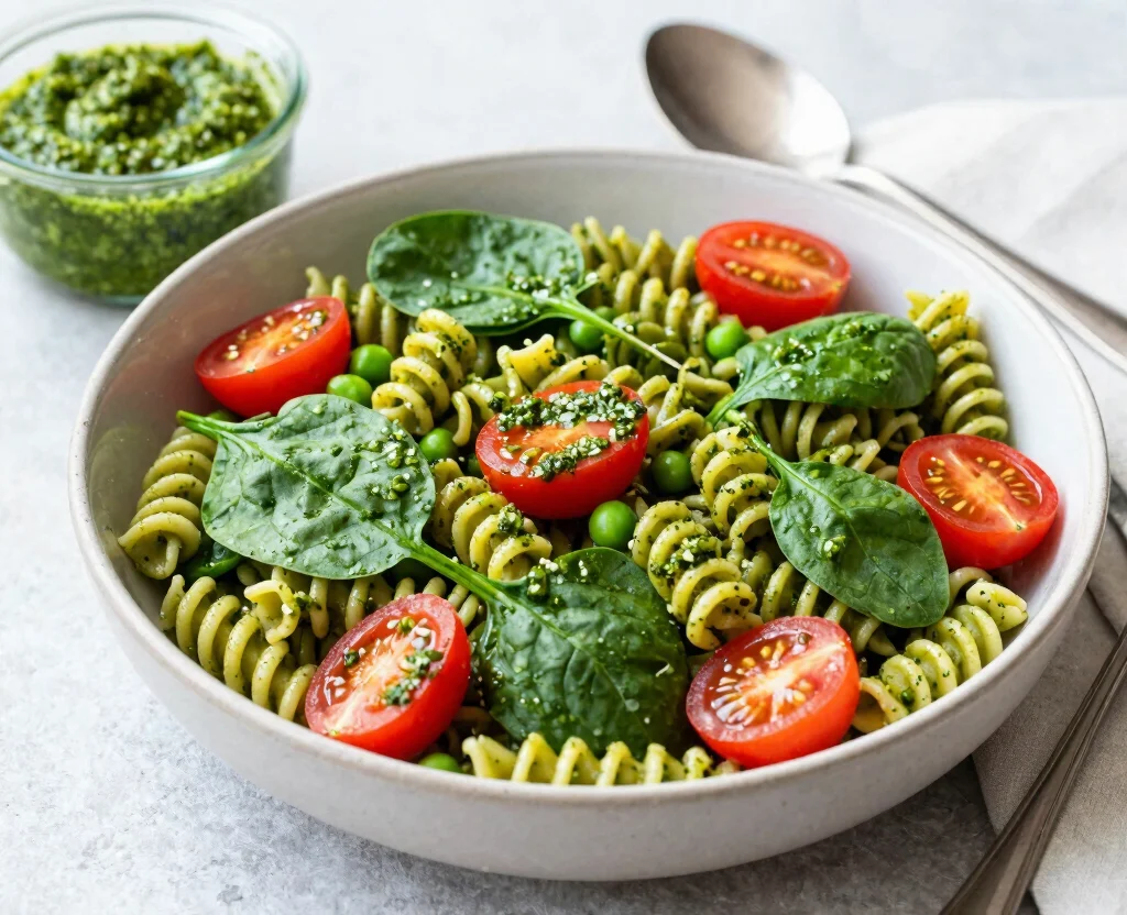 18 Vegetarian Salad Recipes High Protein – Energizing & Fresh - 10. Pesto Pasta Salad with Spinach and Peas 1