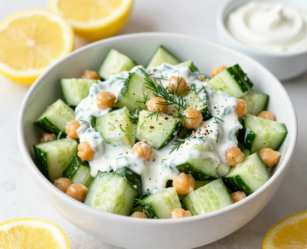 18 Vegetarian Salad Recipes High Protein – Energizing & Fresh - 13. Cucumber and Chickpea Salad with Yogurt Dressing 1
