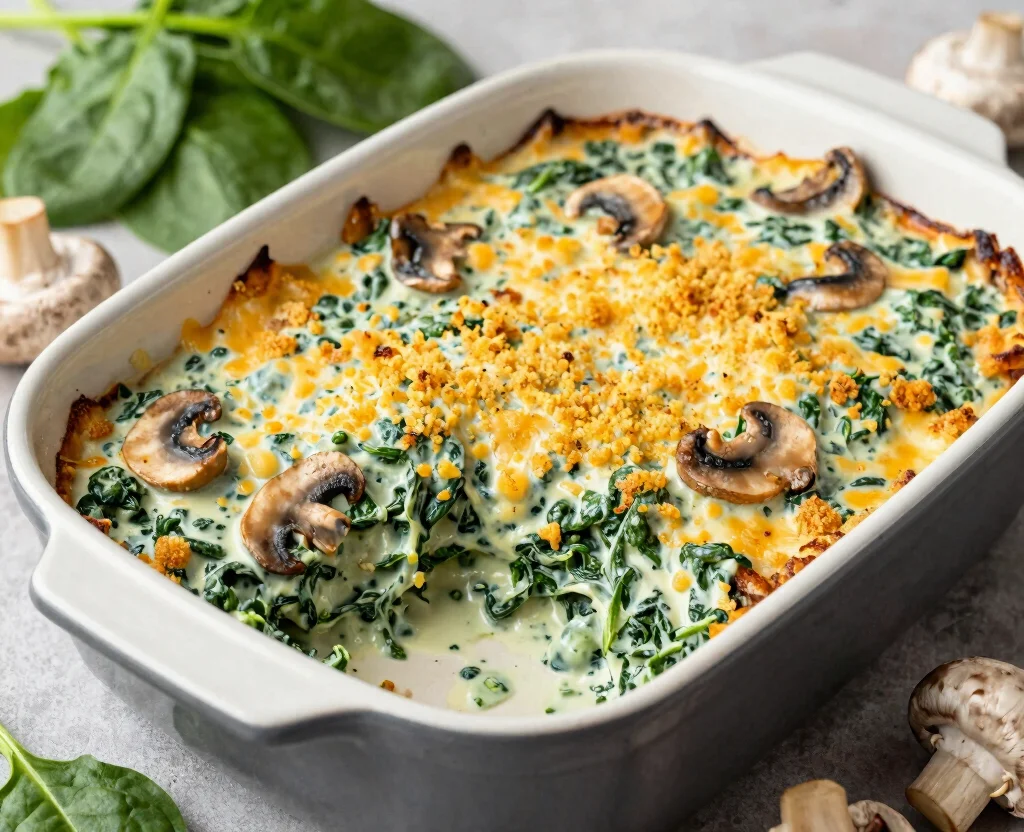 19 Vegetarian Casserole Recipes for Dinner – Comfort Food - 16. Creamy Spinach and Mushroom Casserole 1