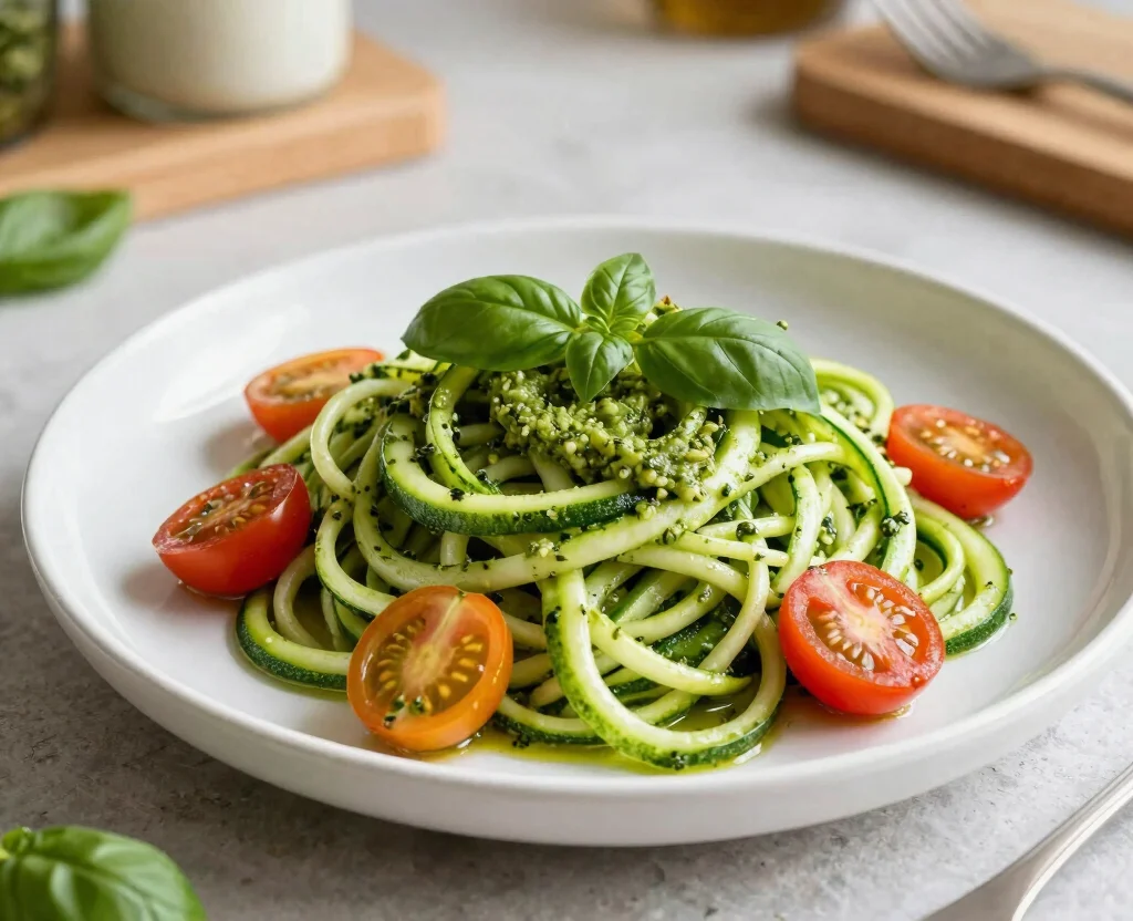 19 Vegetarian Keto Recipes – Low Carb & High Protein - 1. Zucchini Noodles with Pesto and Cherry Tomatoes 1