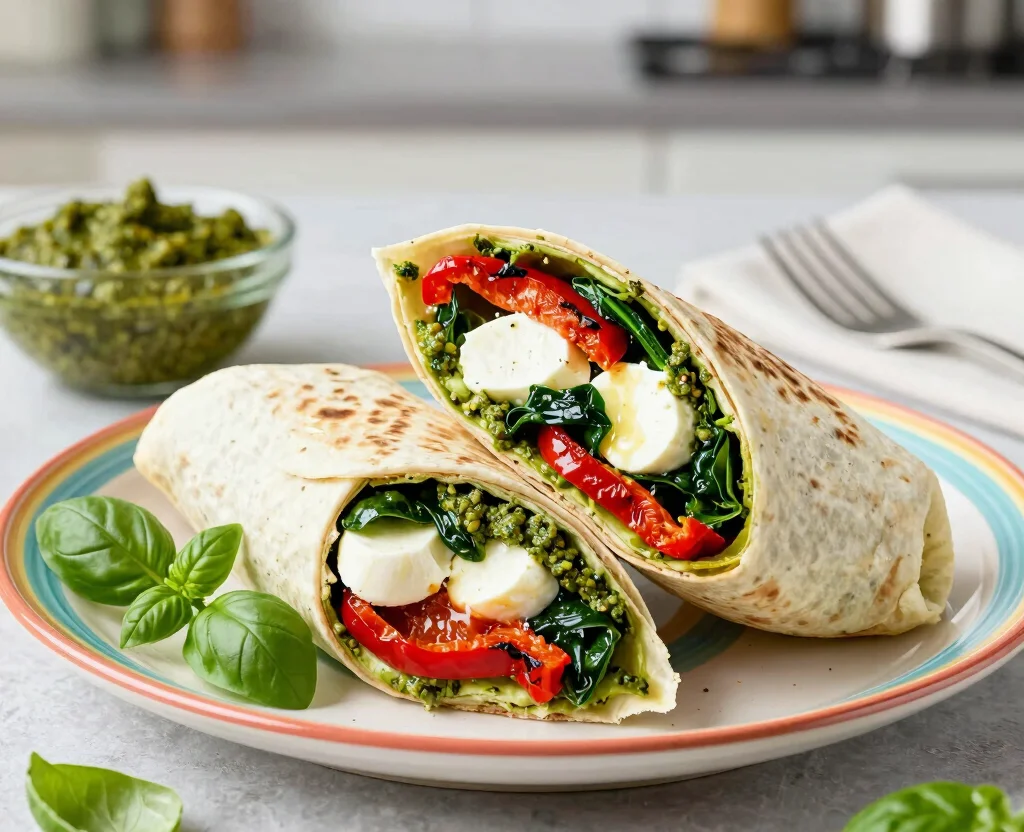 19 Vegetarian Lunch Ideas for Work – Easy & Portable - 13. Pesto & Roasted Red Pepper Wrap 1