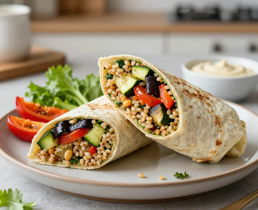 19 Vegetarian Lunch Ideas for Work – Easy & Portable - 16. Farro and Roasted Vegetable Wrap 1