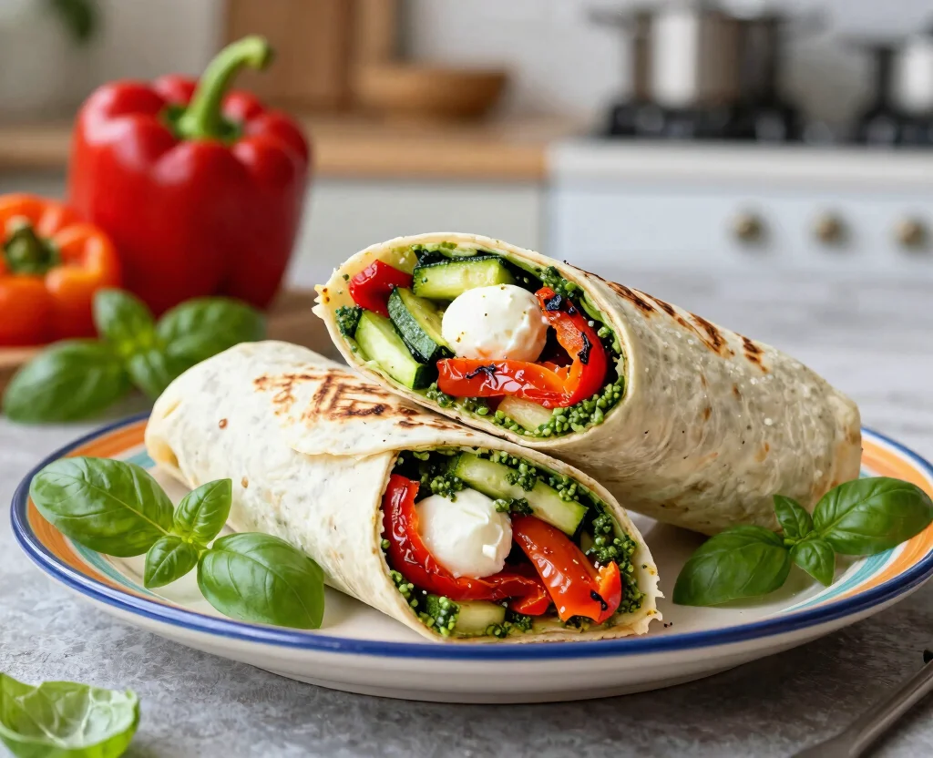 19 Vegetarian Lunch Ideas for Work – Easy & Portable - 5. Roasted Vegetable and Pesto Wrap 1
