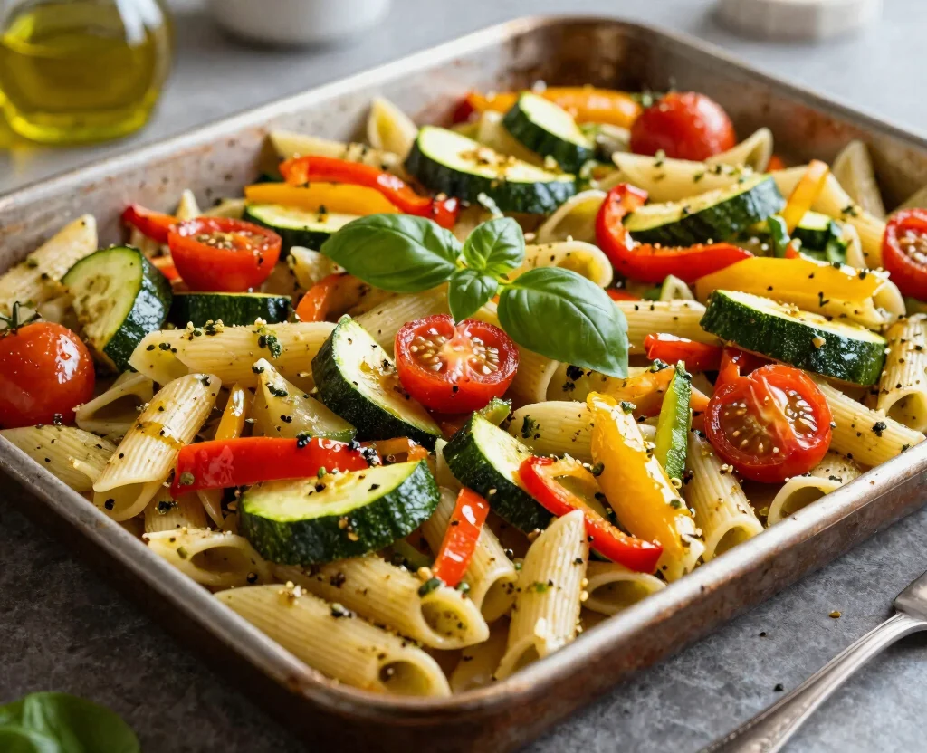 19 Vegetarian Sheet Pan Dinners – Minimal Cleanup - 3. Roasted Veggie and Pesto Pasta 1