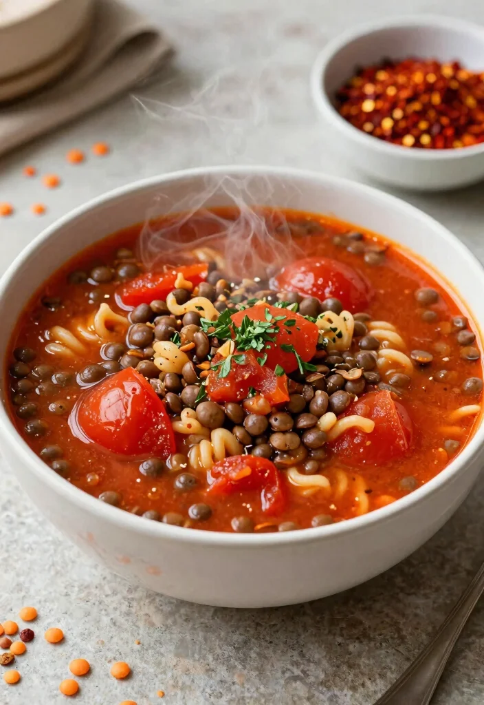 16 Pasta Soup Recipes That Are Cozy and Filling - 8. Spicy Lentil and Tomato Pasta Soup 1
