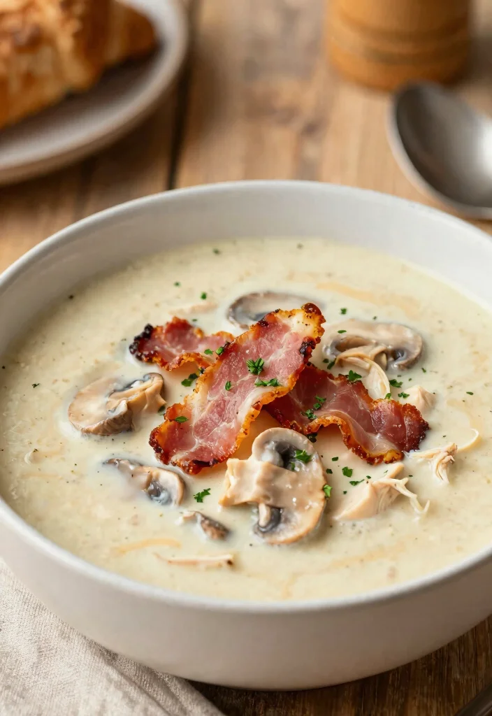 19 Cream of Mushroom Soup Recipes with Chicken for Easy Dinners - 11. Creamy Chicken Mushroom Soup with Bacon 1