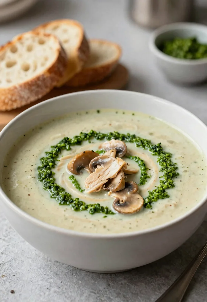 19 Cream of Mushroom Soup Recipes with Chicken for Easy Dinners - 19. Creamy Chicken and Mushroom Soup with Pesto 1