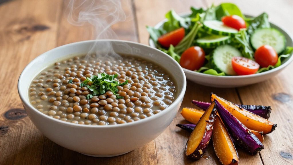 roasted vegetables and salads balance lentil soup